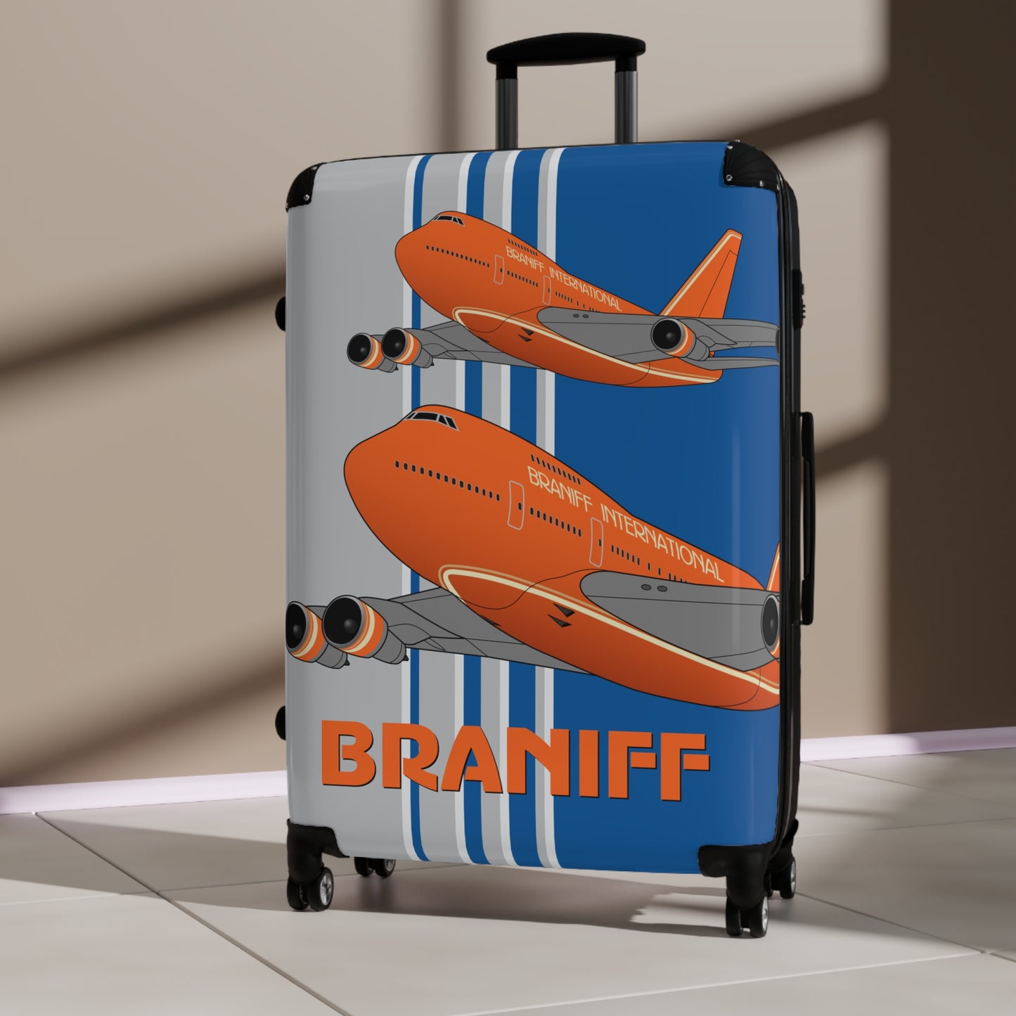 Braniff Ultra Space Jet Luggage Suitcase Boeing 747 Ultra Space Jumbo Jets in Flight Big Orange