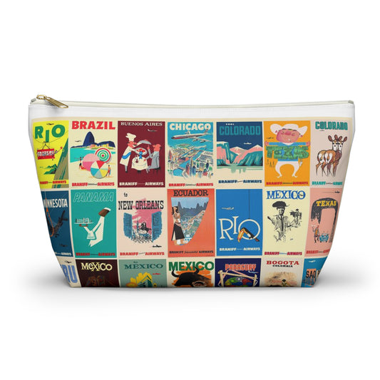 Braniff Inflight Accessory Toiletry Makeup Travel Pouch with T-bottom Vintage Travel Poster Collage South America