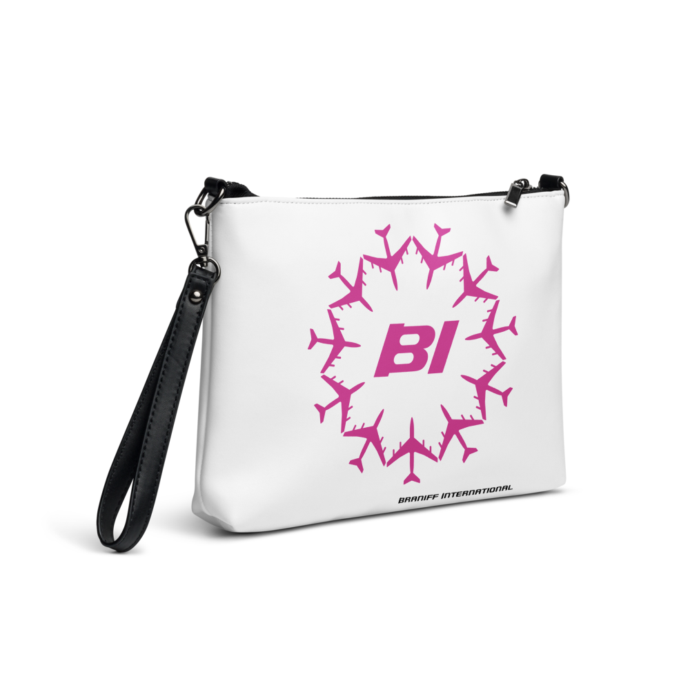 Crossbody Bag with Colorful Circle of Braniff Boeing 707 Jets Pink