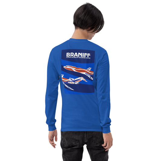 Long Sleeve Shirt by Gildan Men's Women's Braniff Boeing 727 Bicentennial Color Scheme on Shirt Back