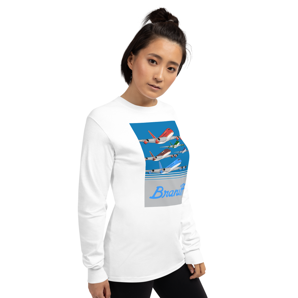 Long Sleeve Shirt by Gildan Men's Women's Braniff McDonnell Douglas DC-8-62 1978 Ultra Color Scheme