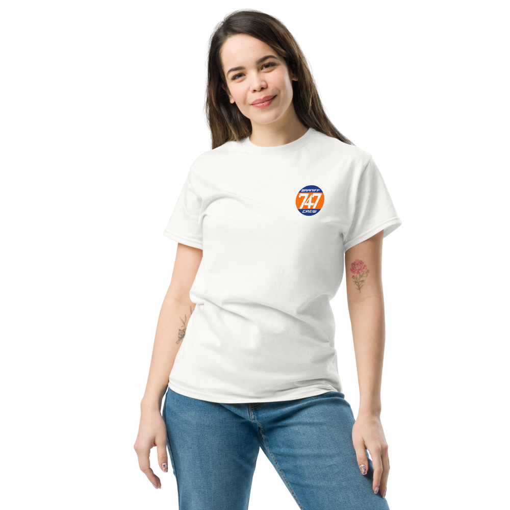T-Shirt Shirt Short Sleeve by Gildan Men's Women's Braniff Boeing 747 Crew Logo with Jumbo Jet on Shirt Back