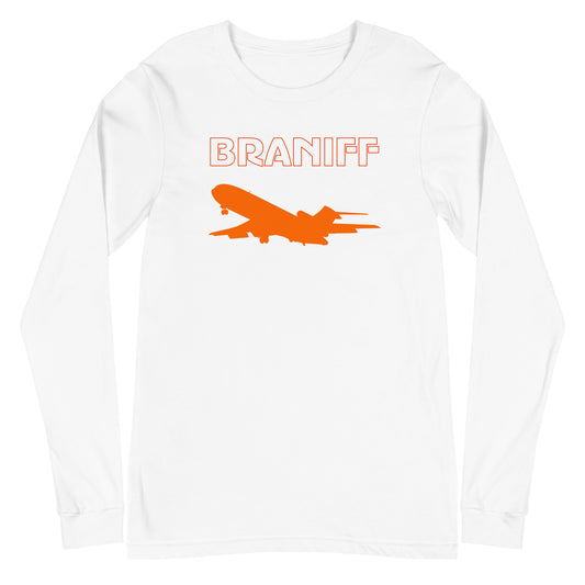 Long Sleeve Shirt Mens Womens Braniff Boeing 727 Silhouette 1971 Orange Red