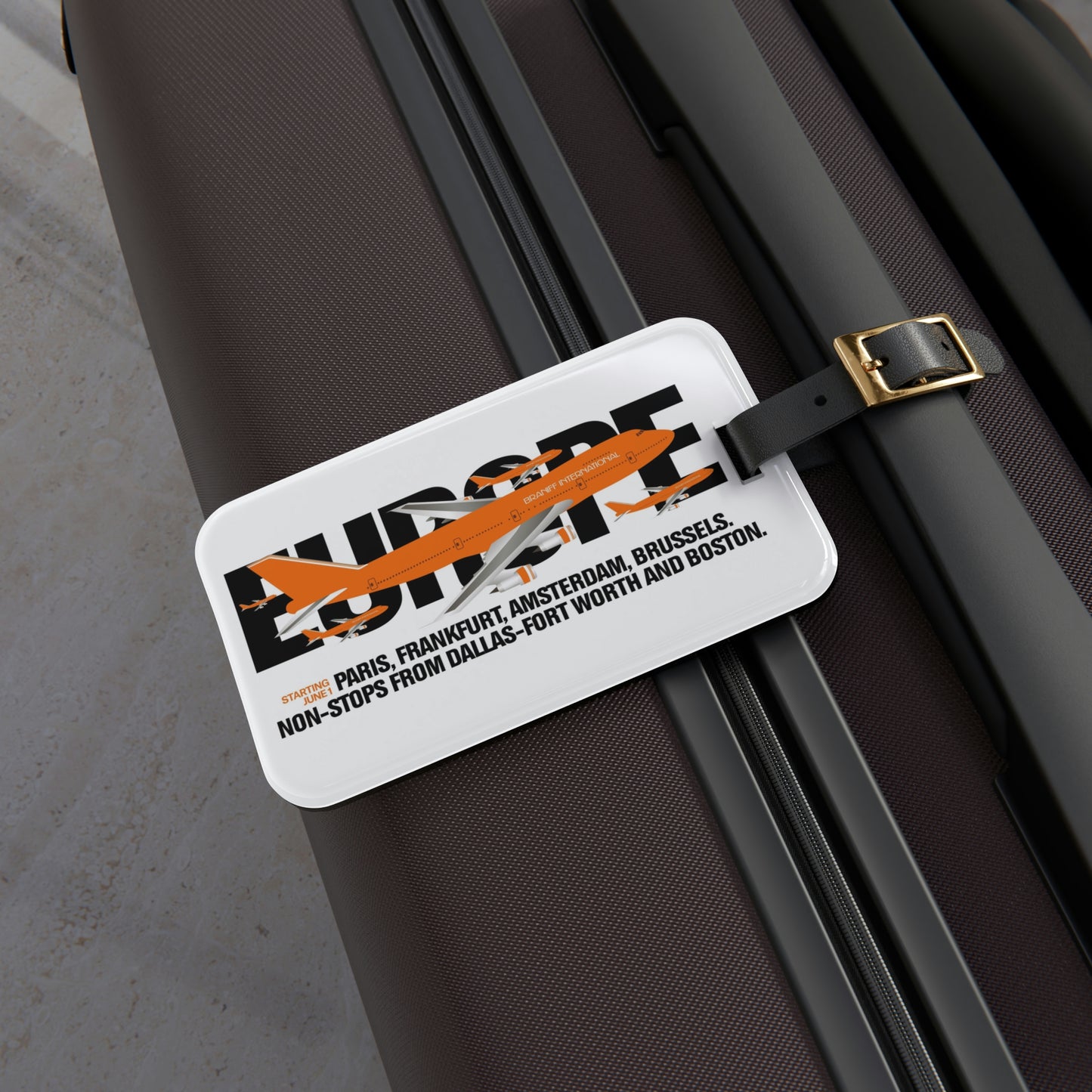 Luggage Tag Personalized Braniff 747-227 Ultra Orange Europe Service