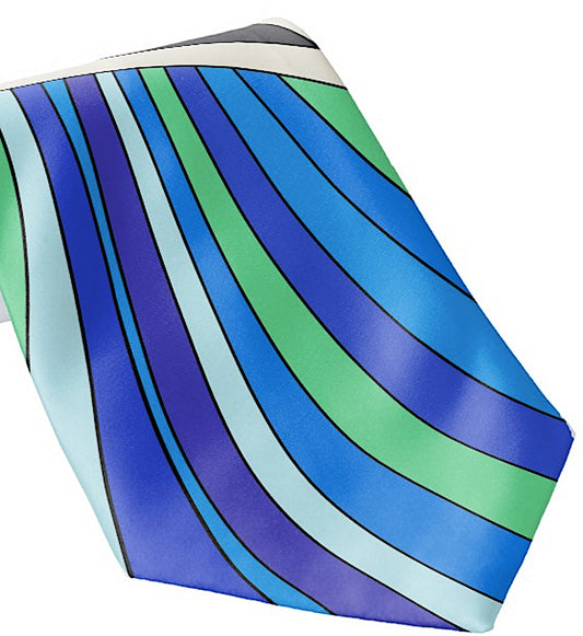 Braniff Men's Full Design Blue Necktie - Pucci Design Necktie - Braniff Place Blue Collection Design - BI 1972 Pucci Full Design Necktie Rolled View - Braniff Boutique