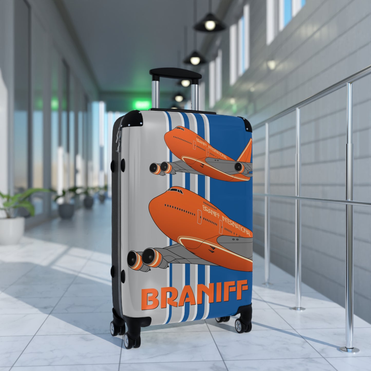 Braniff Ultra Space Jet Luggage Suitcase Boeing 747 Ultra Space Jumbo Jets in Flight Big Orange