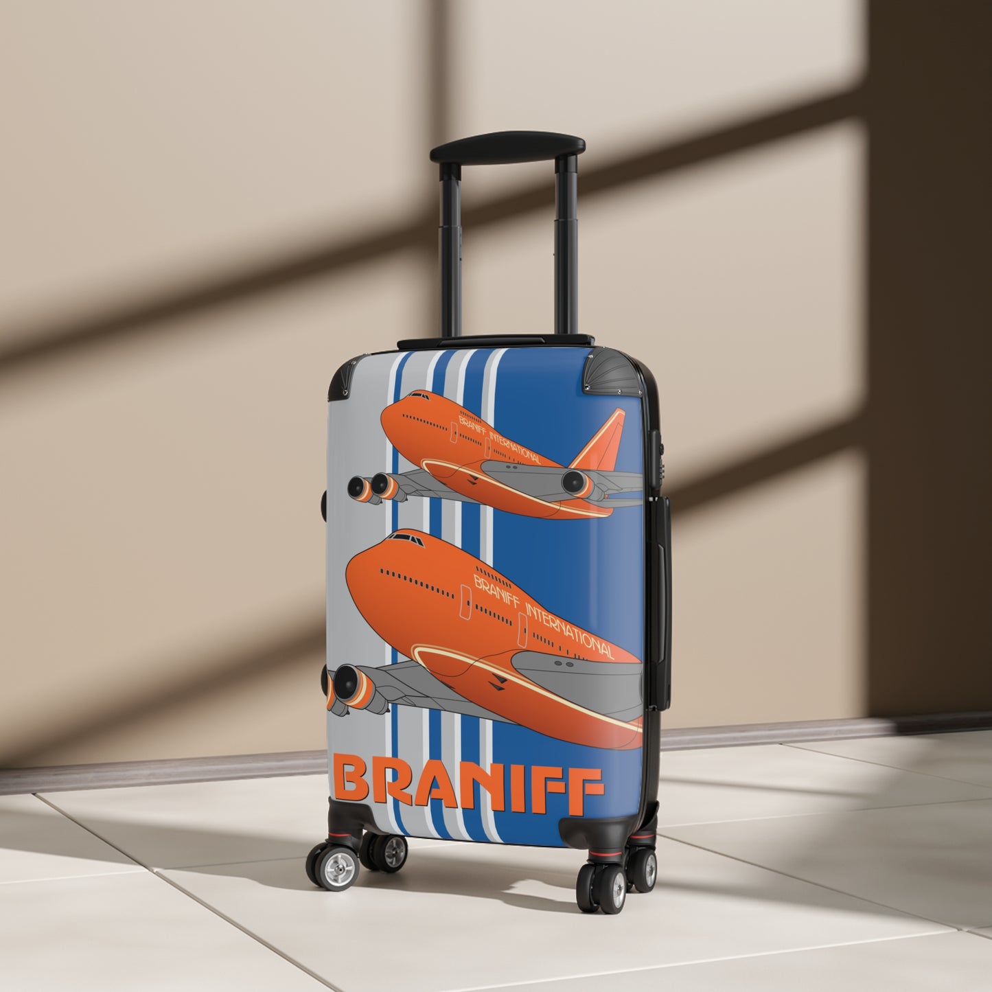 Braniff Ultra Space Jet Luggage Suitcase Boeing 747 Ultra Space Jumbo Jets in Flight Big Orange