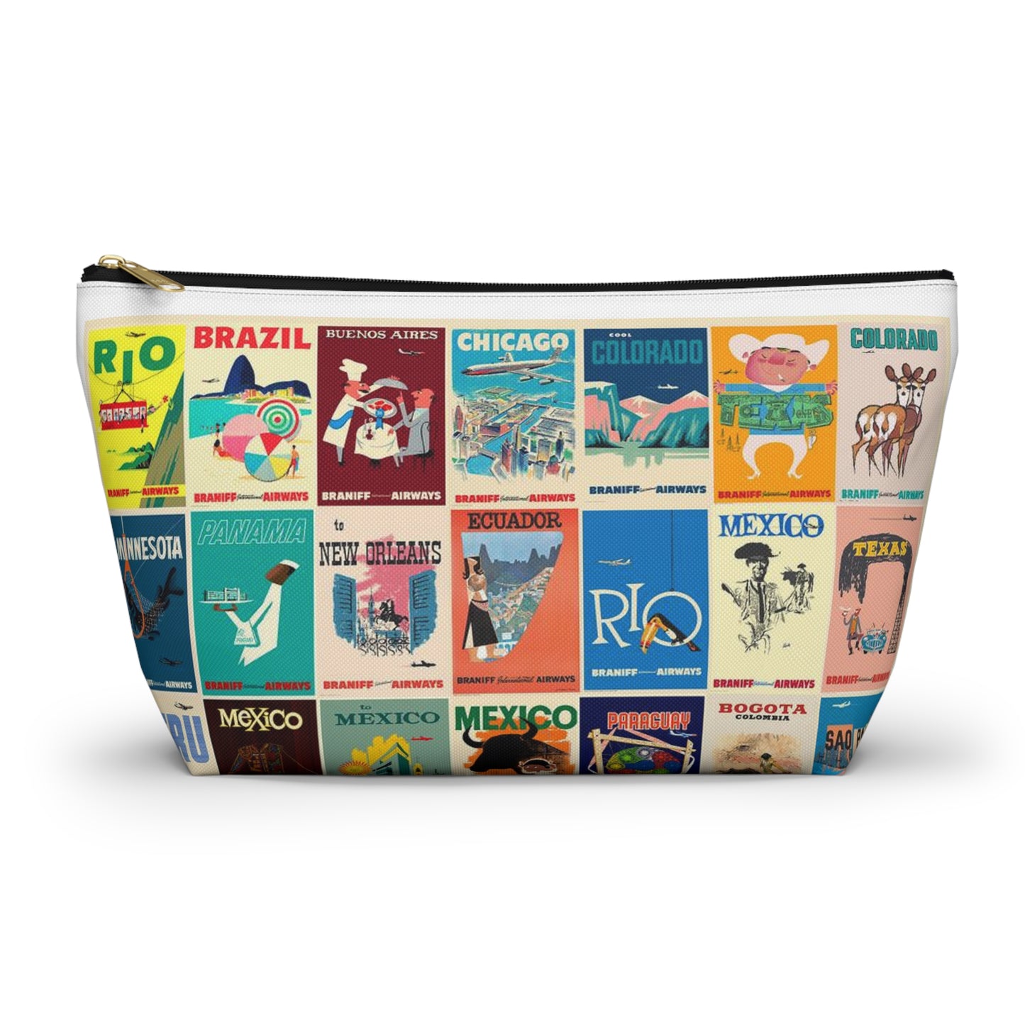 Braniff Inflight Accessory Toiletry Makeup Travel Pouch with T-bottom Vintage Travel Poster Collage South America