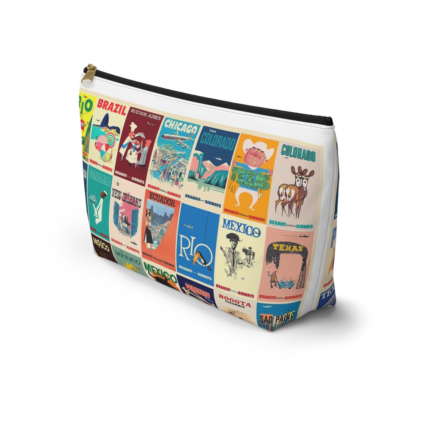 Braniff Inflight Accessory Toiletry Makeup Travel Pouch with T-bottom Vintage Travel Poster Collage South America