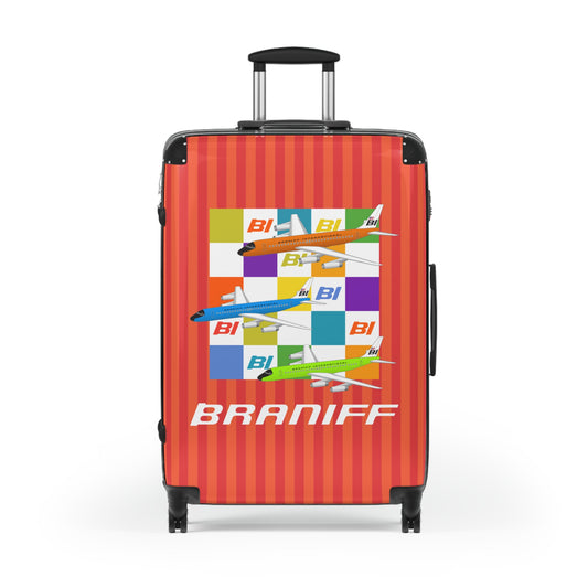 Braniff Ultra Space Jet Luggage Suitcase McDonnell Douglas DC-8-62 Jets Solid Color Scheme Alexander Girard Braniff Two Stripe