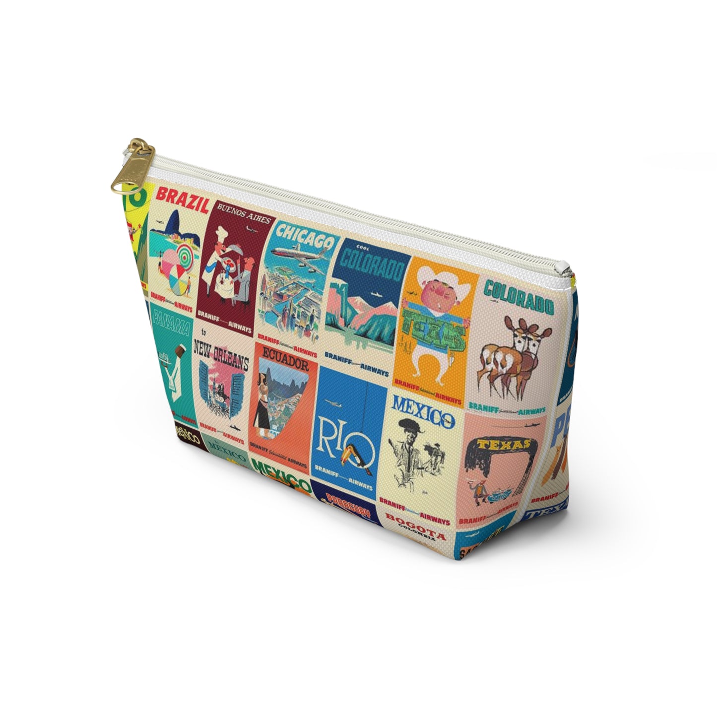 Braniff Inflight Accessory Toiletry Makeup Travel Pouch with T-bottom Vintage Travel Poster Collage South America