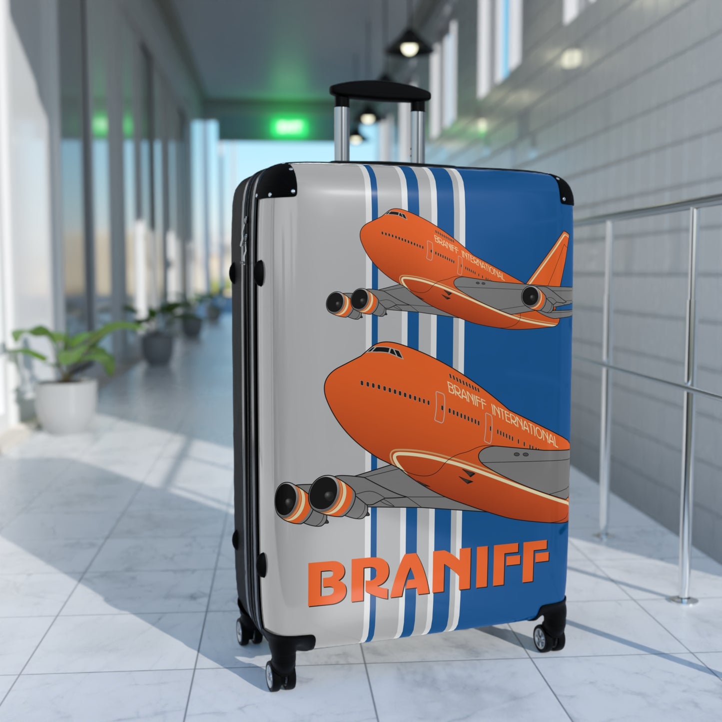 Braniff Ultra Space Jet Luggage Suitcase Boeing 747 Ultra Space Jumbo Jets in Flight Big Orange