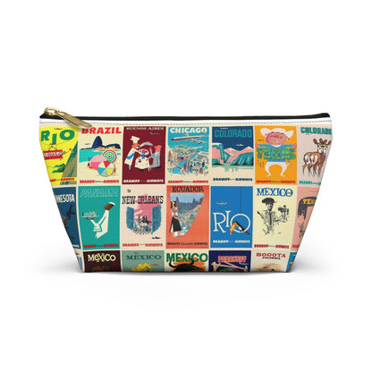 Braniff Inflight Accessory Toiletry Makeup Travel Pouch with T-bottom Vintage Travel Poster Collage South America
