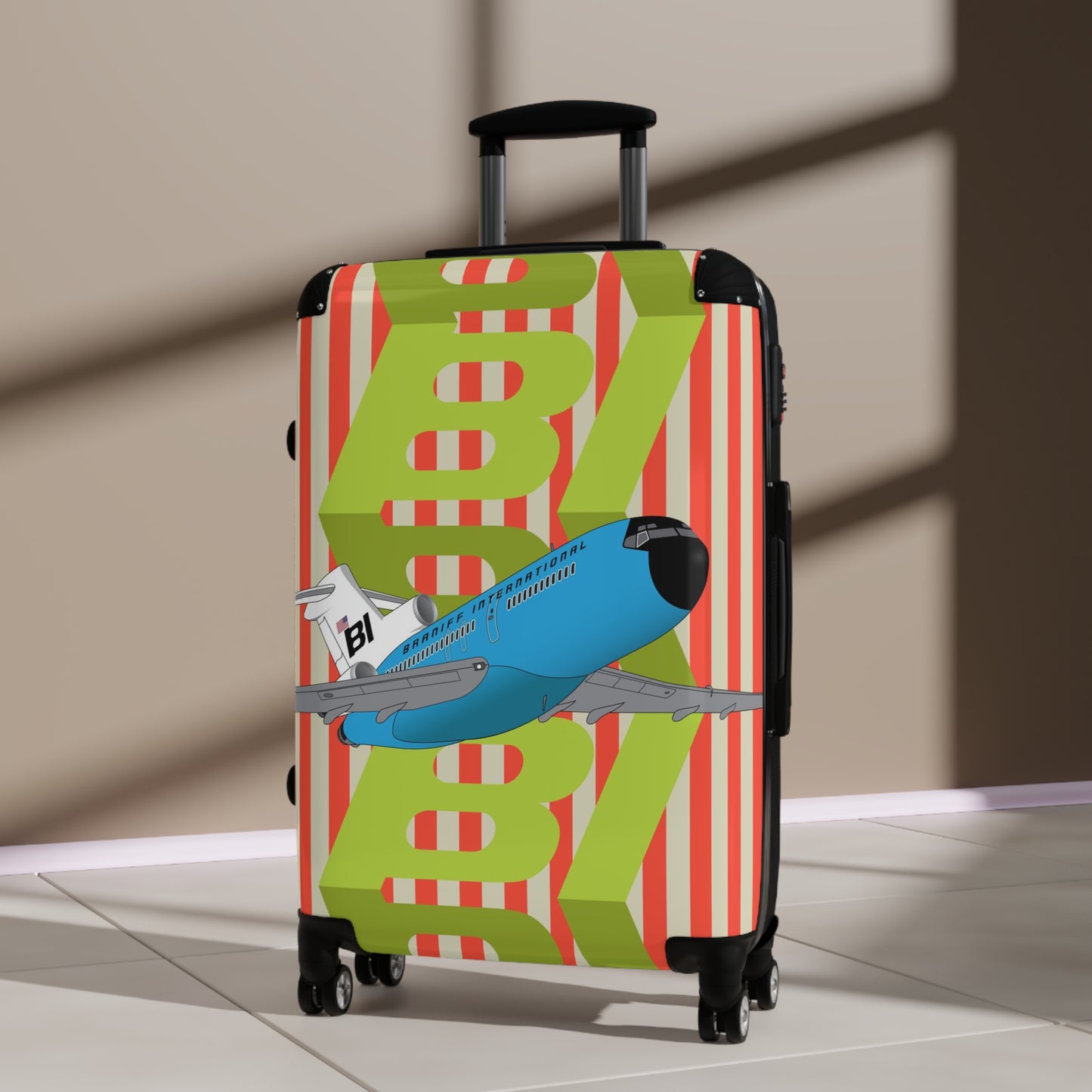 Braniff Luggage Suitcase EOTPP End of the Plain Plane Boeing 727 on Alexander Girard Strip and BI Tiled Logo 1966