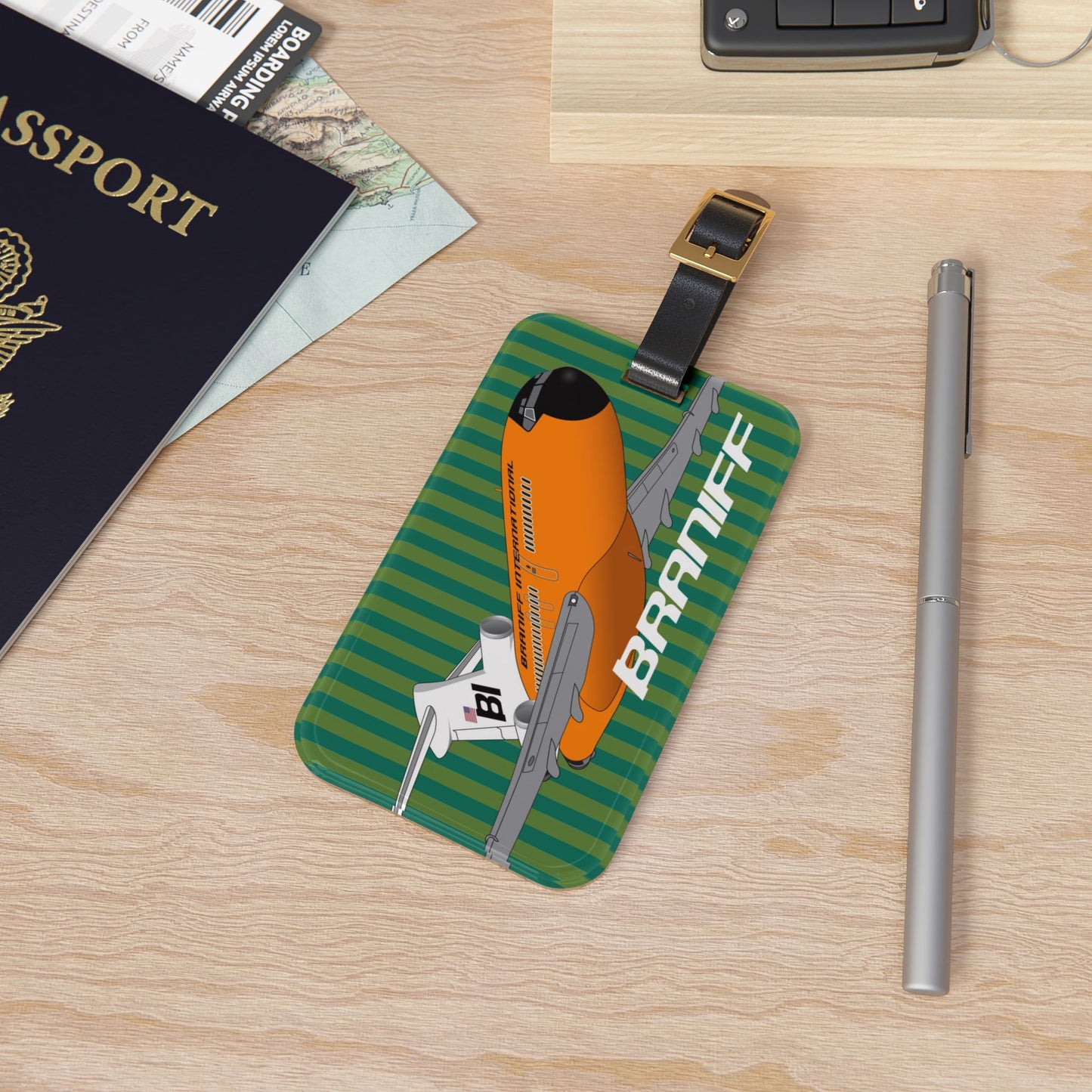Luggage Tag Personalized Braniff EOTPP End of the Plain Plane Boeing 727 Super Jet on Alexander Girard Stripe 1966