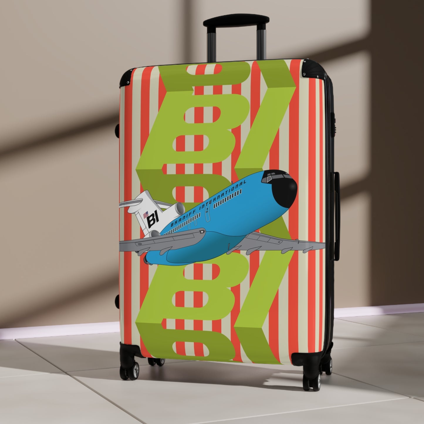Braniff Luggage Suitcase EOTPP End of the Plain Plane Boeing 727 on Alexander Girard Strip and BI Tiled Logo 1966