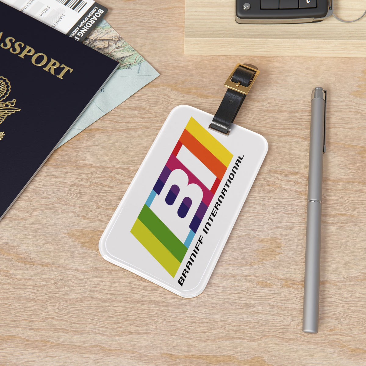 Copy of Luggage Tag Personalized BIuebird Braniff Alexander Girard Design BI Script Blue Black