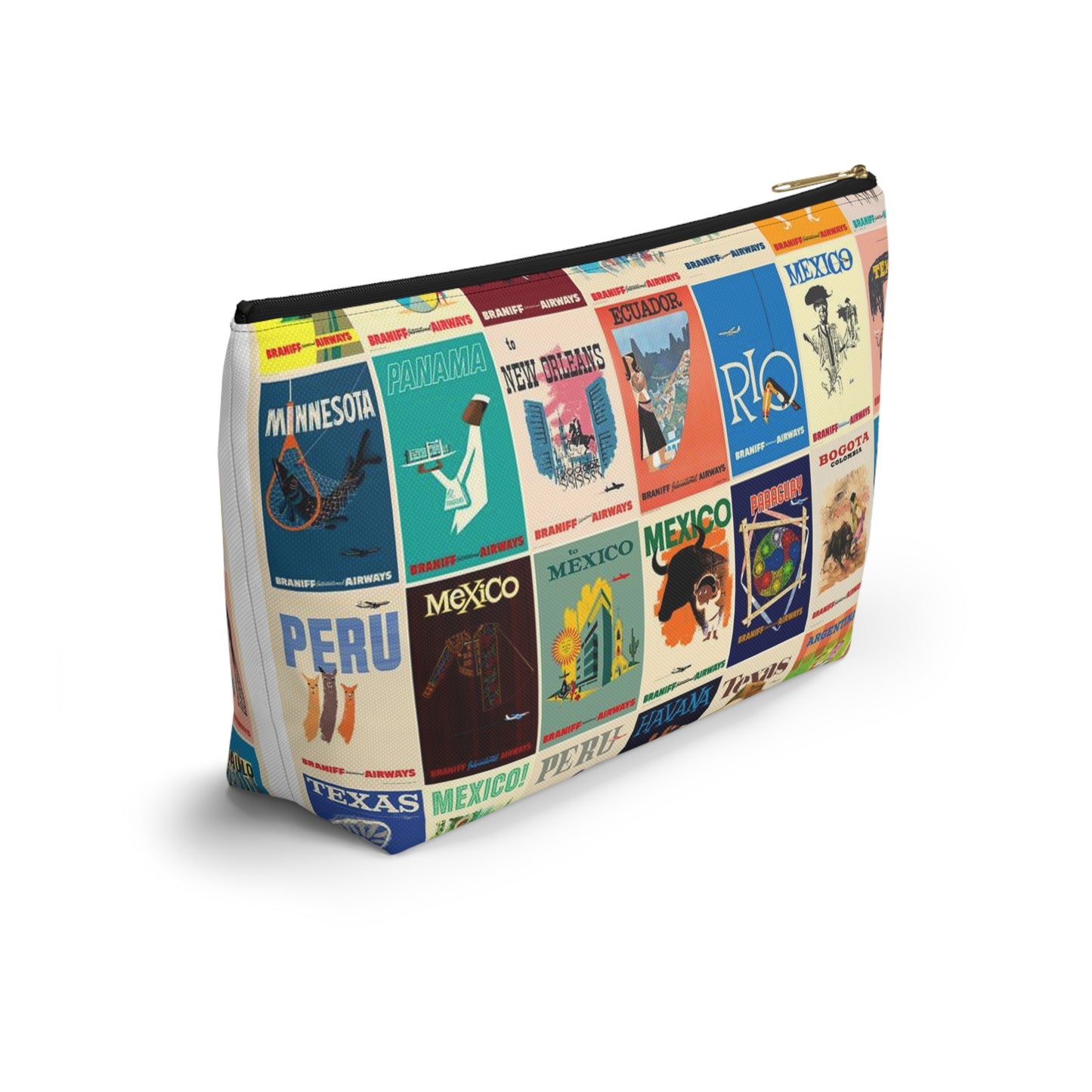 Braniff Inflight Accessory Toiletry Makeup Travel Pouch with T-bottom Vintage Travel Poster Collage South America