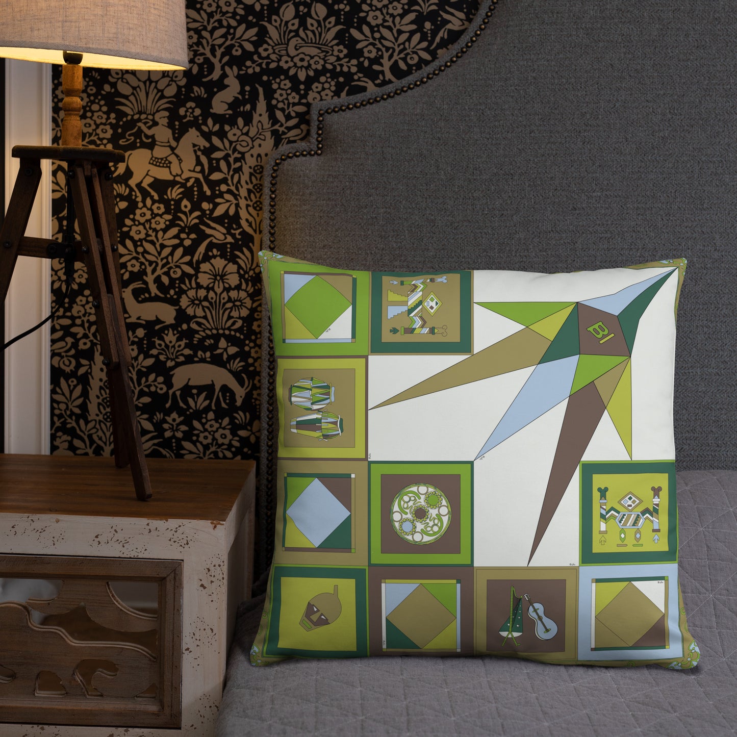 Pillow or Lumbar Bar Pillow Braniff Pucci Design Compass 1965 Gemini IV Collection Green Blue