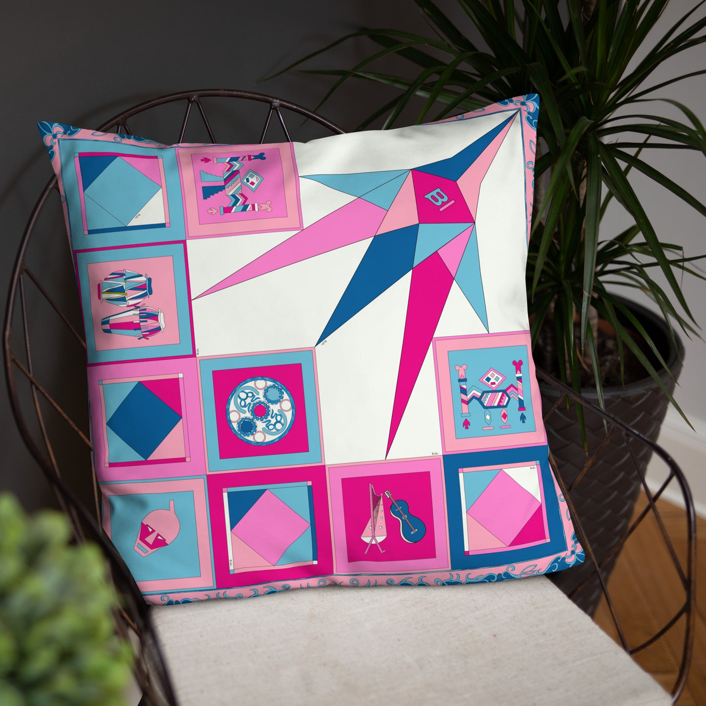 Pillow or Lumbar Bar Pillow Braniff Pucci Design Compass 1965 Gemini IV Collection Blue Pink