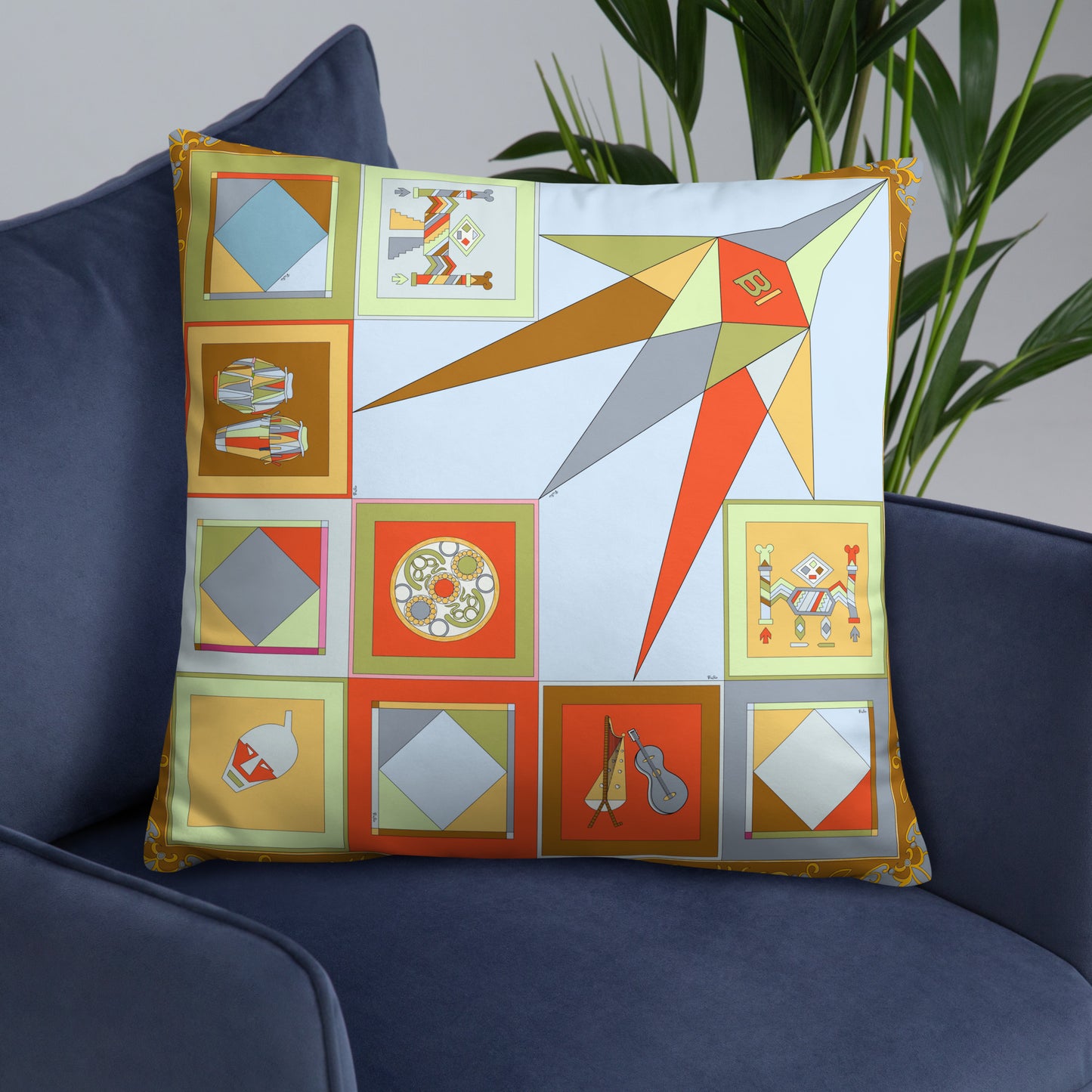 Pillow or Lumbar Bar Pillow Braniff Pucci Design Compass 1965 Gemini IV Collection Orange Blue