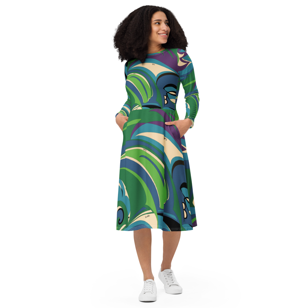 Dress Long Sleeve Women's Braniff Emilio Pucci Design 1974 Classic Collection Blue Turquoise