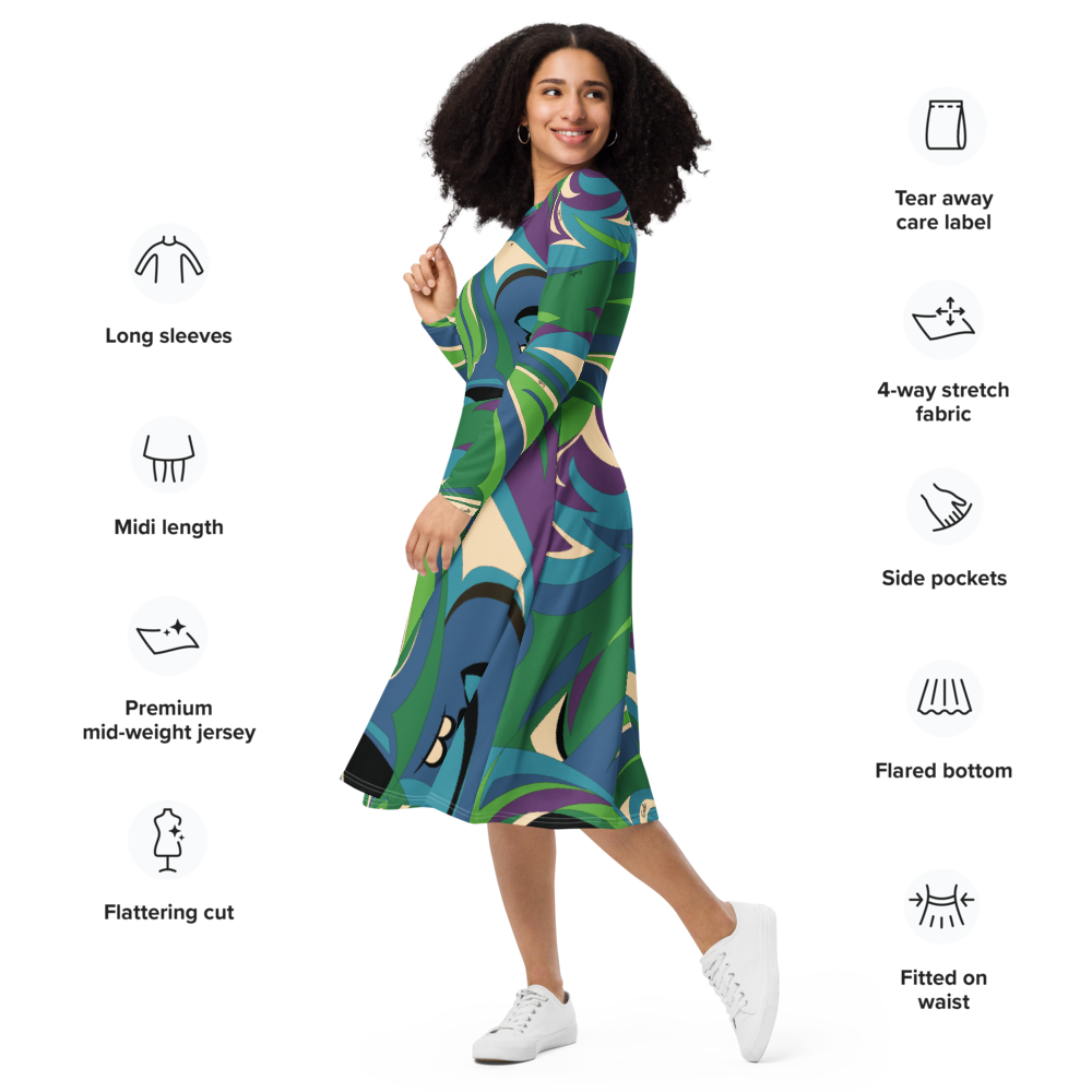 Dress Long Sleeve Women's Braniff Emilio Pucci Design 1974 Classic Collection Blue Turquoise