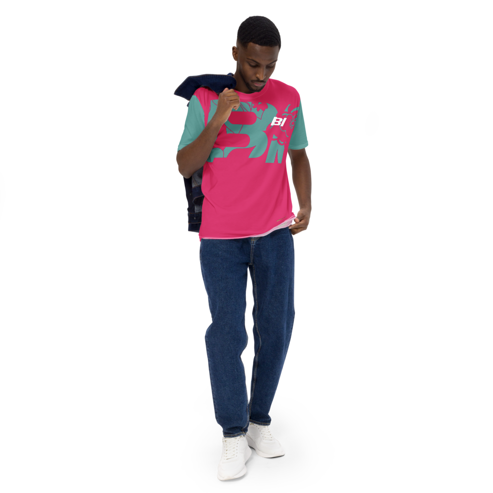 Shirt Short Sleeve Men's Women's Braniff Hawaii BI Logo Pink and Turquoise