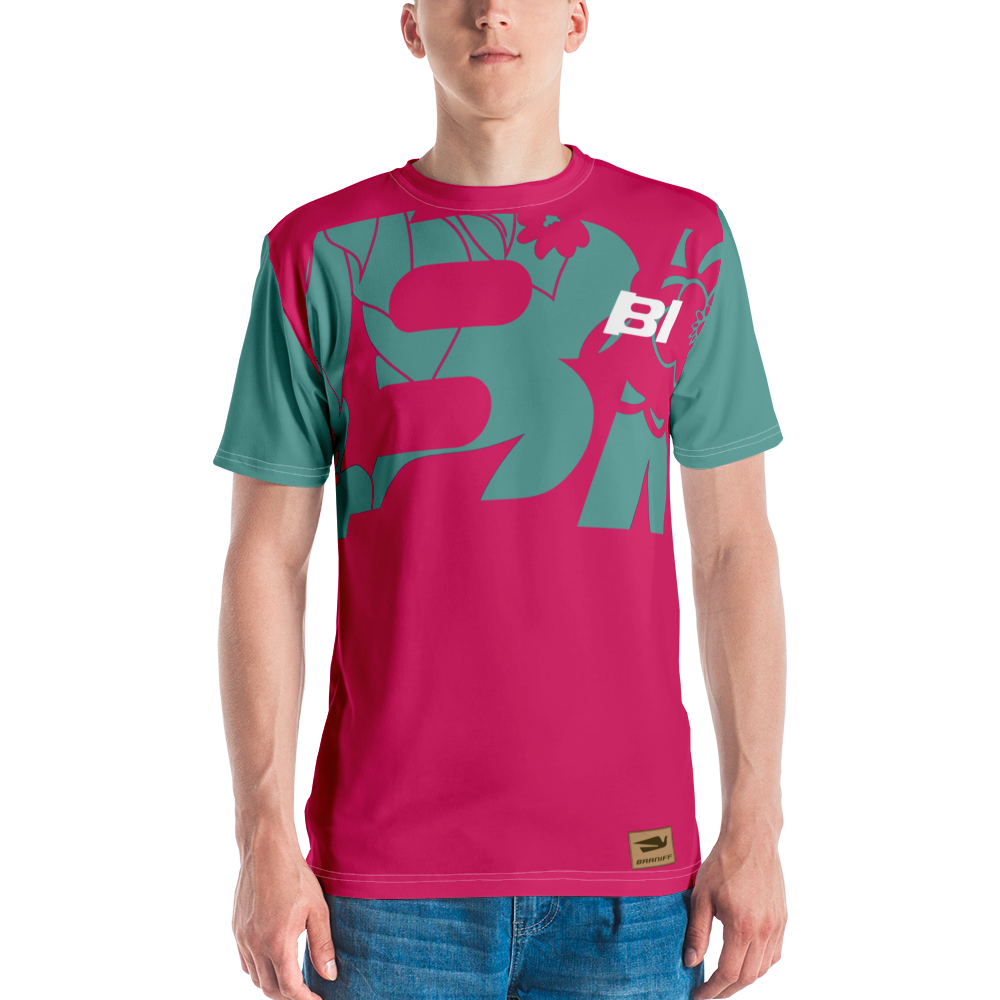 Shirt Short Sleeve Men's Women's Braniff Hawaii BI Logo Pink and Turquoise