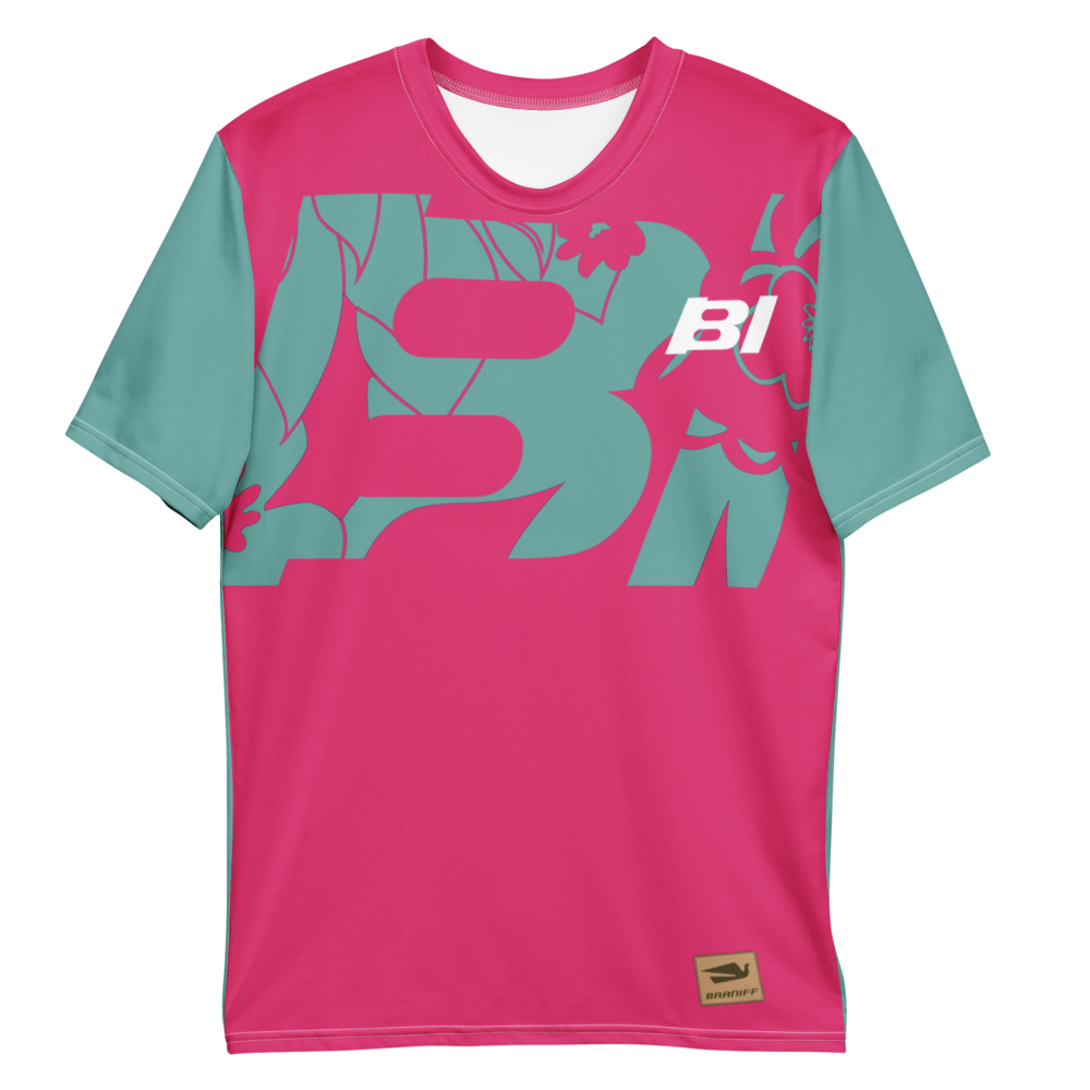 Shirt Short Sleeve Men's Women's Braniff Hawaii BI Logo Pink and Turquoise