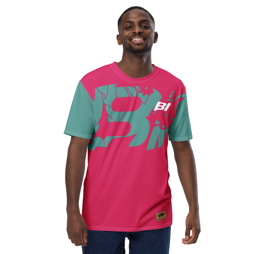 Shirt Short Sleeve Men's Women's Braniff Hawaii BI Logo Pink and Turquoise