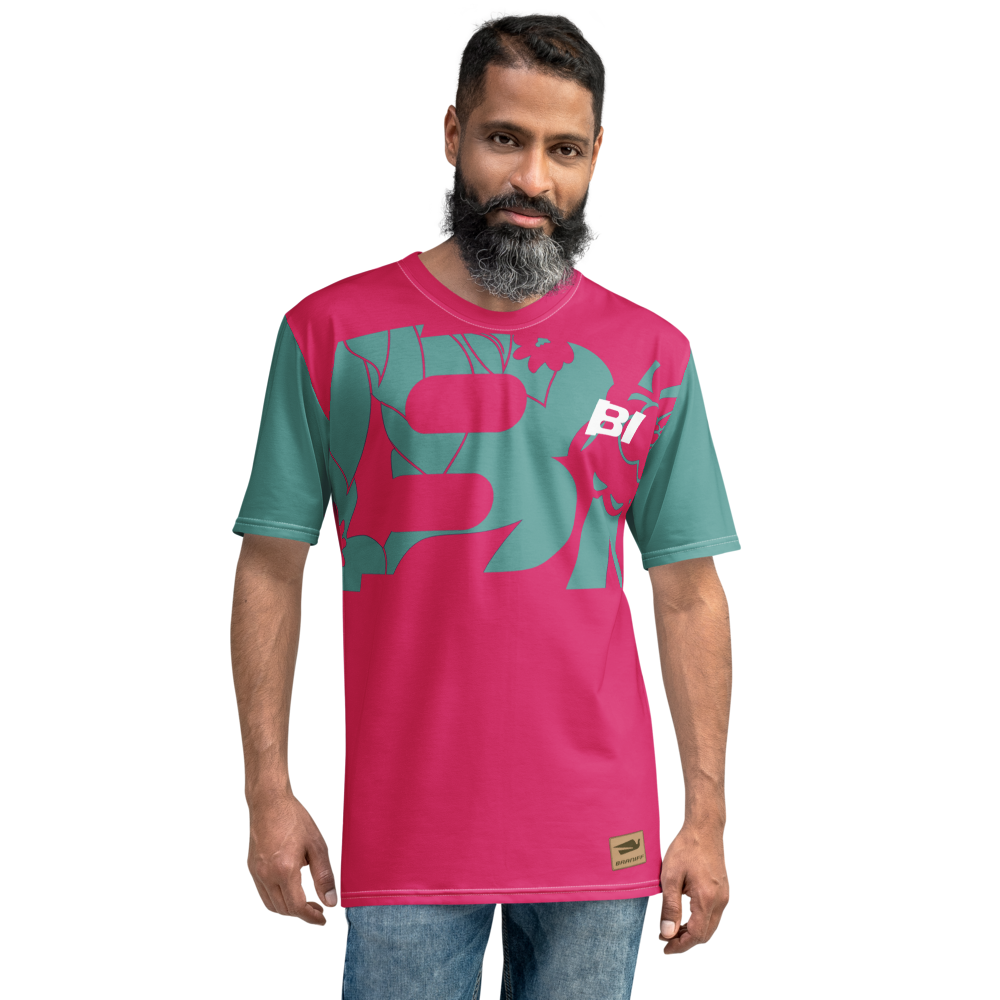 Shirt Short Sleeve Men's Women's Braniff Hawaii BI Logo Pink and Turquoise