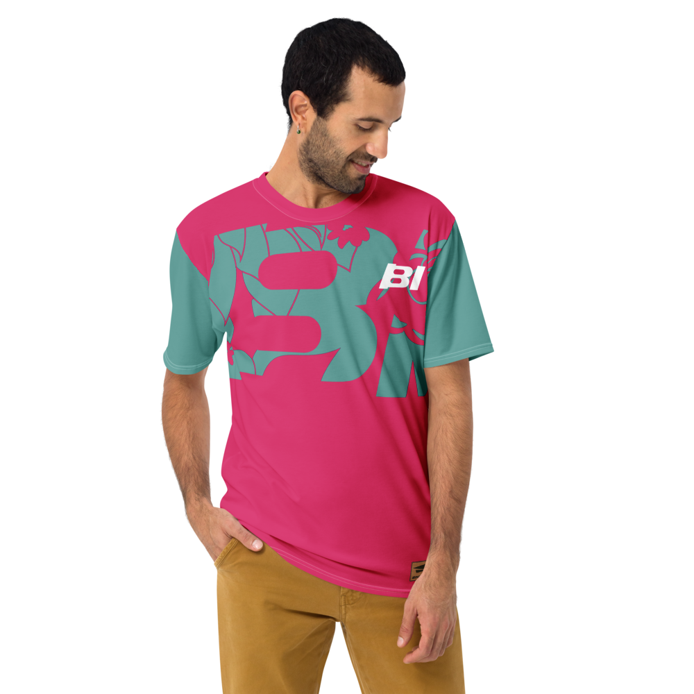 Shirt Short Sleeve Men's Women's Braniff Hawaii BI Logo Pink and Turquoise