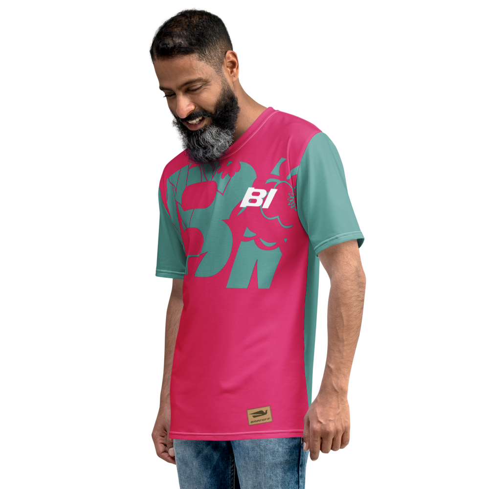 Shirt Short Sleeve Men's Women's Braniff Hawaii BI Logo Pink and Turquoise