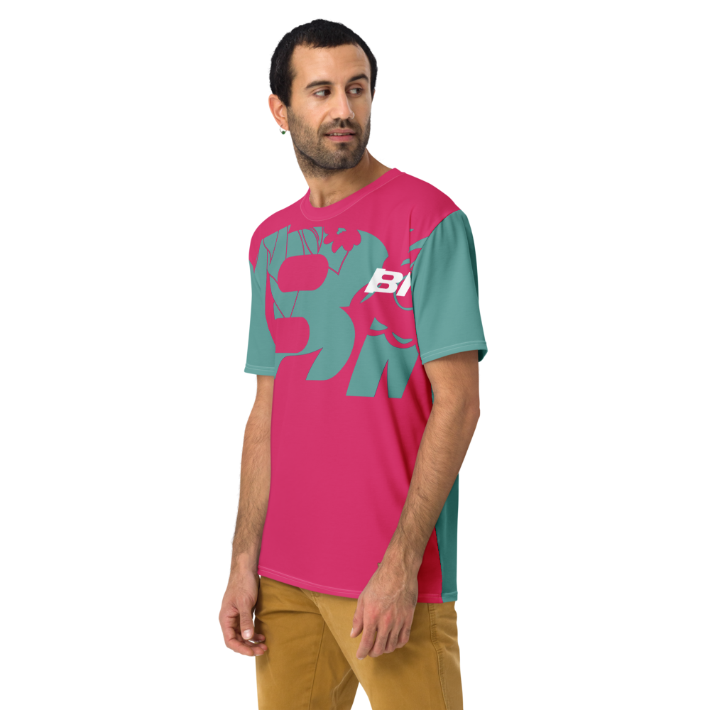 Shirt Short Sleeve Men's Women's Braniff Hawaii BI Logo Pink and Turquoise