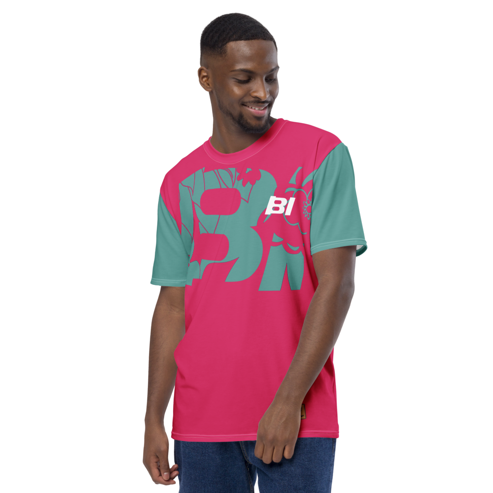 Shirt Short Sleeve Men's Women's Braniff Hawaii BI Logo Pink and Turquoise
