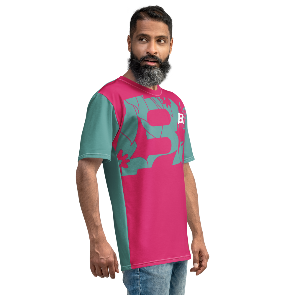 Shirt Short Sleeve Men's Women's Braniff Hawaii BI Logo Pink and Turquoise