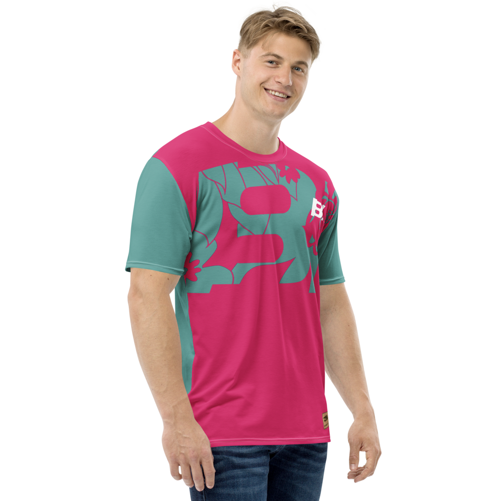 Shirt Short Sleeve Men's Women's Braniff Hawaii BI Logo Pink and Turquoise