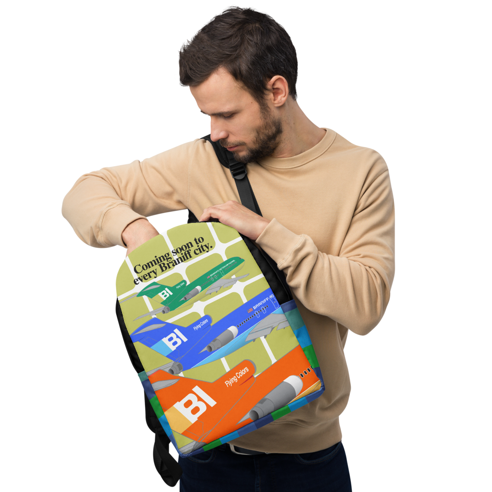 Backpack Braniff Coming Soon to Every Braniff City Boeing 727 Two Tone 1971 Green