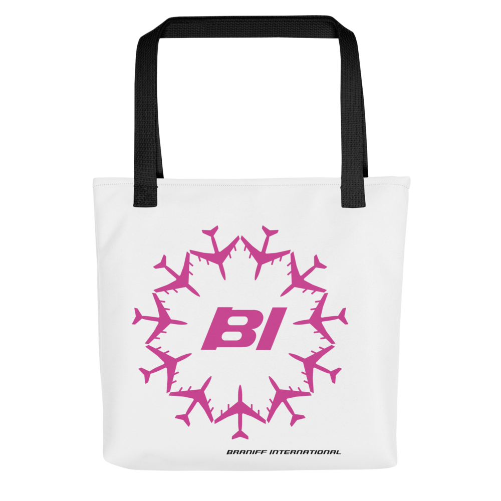 Tote Bag All Over Print with Braniff Circle of Boeing 707 in Pink