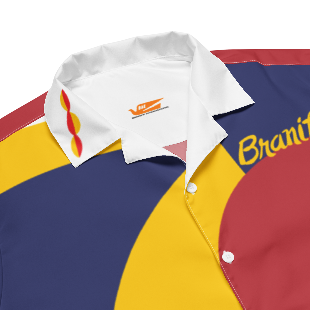 Shirt Button Up Short Sleeve Men's Women's Braniff Alexander Calder Designs Flying Colors of the United States DC-8-62 1973