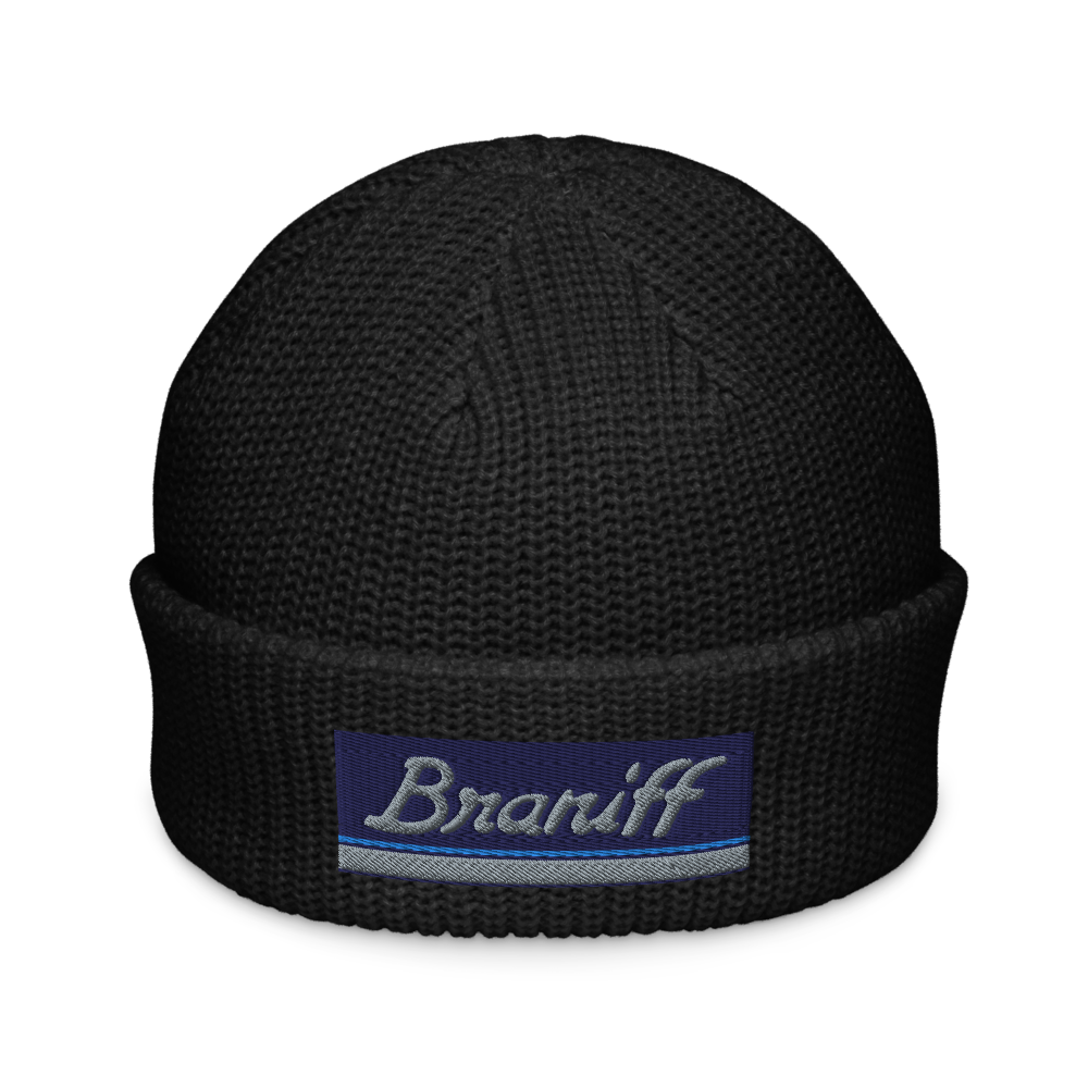 Fisherman Beanie Hat Skull Cap Toboggan Braniff Ultra Mercury Blue Power Paint Stripes 1978