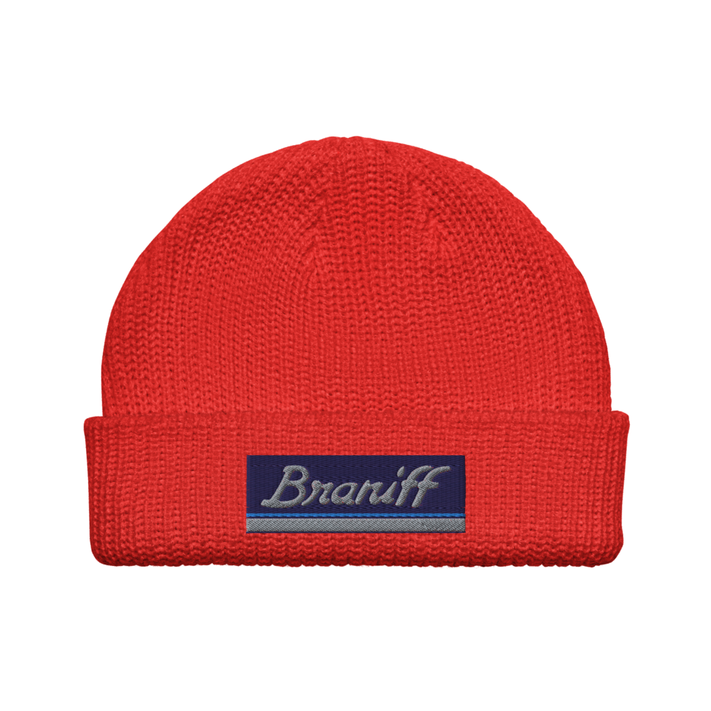 Fisherman Beanie Hat Skull Cap Toboggan Braniff Ultra Mercury Blue Power Paint Stripes 1978