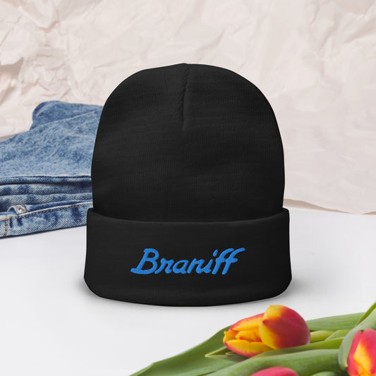 Embroidered Beanie Cap Braniff Ultra Logo 1978 Light Blue