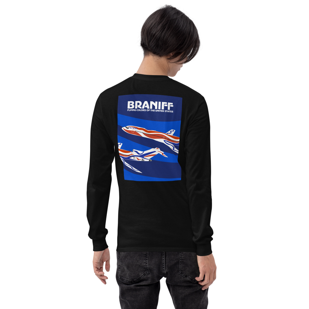 Long Sleeve Shirt by Gildan Men's Women's Braniff Boeing 727 Bicentennial Color Scheme on Shirt Back