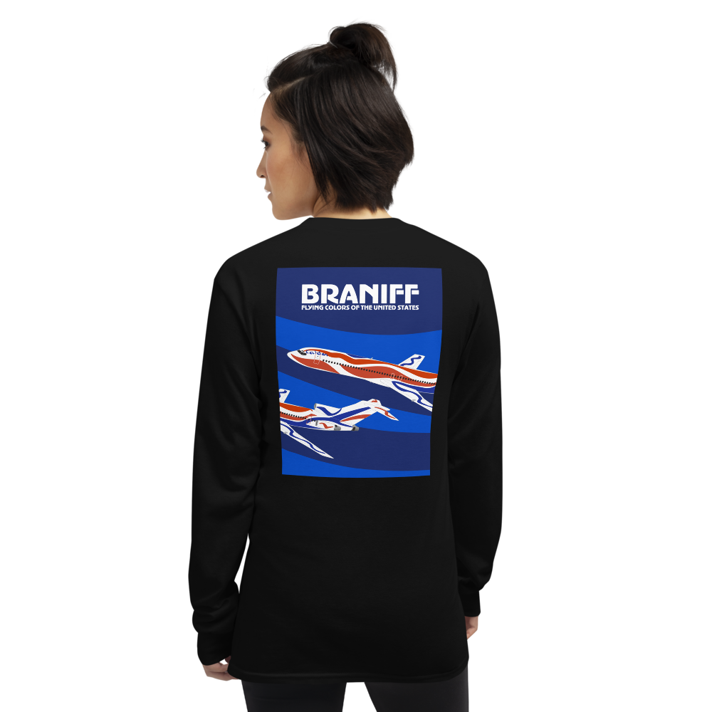 Long Sleeve Shirt by Gildan Men's Women's Braniff Boeing 727 Bicentennial Color Scheme on Shirt Back