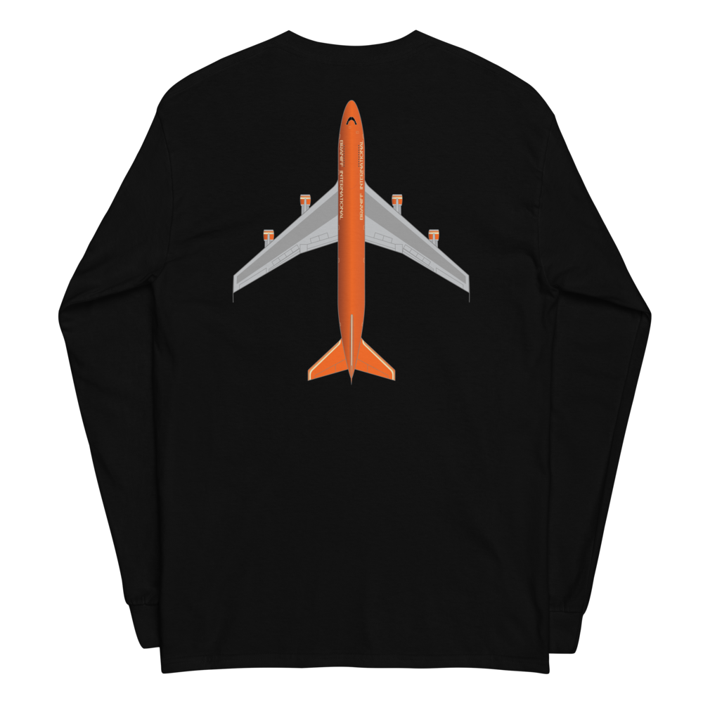 Long Sleeve Shirt by Gildan Men's Women's Braniff Boeing 747 Crew Logo and Jumbo Jet on Shirt Back