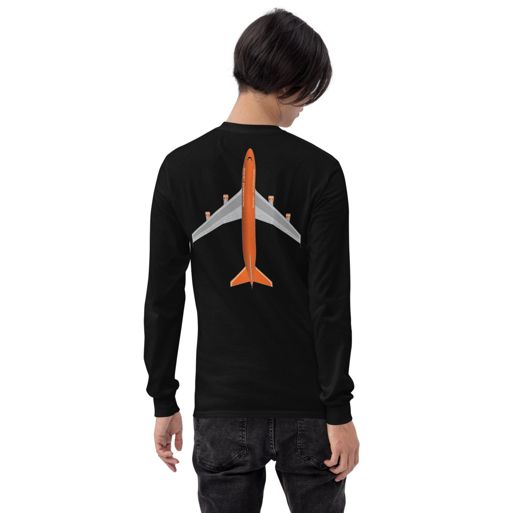 Long Sleeve Shirt by Gildan Men's Women's Braniff Boeing 747 Crew Logo and Jumbo Jet on Shirt Back