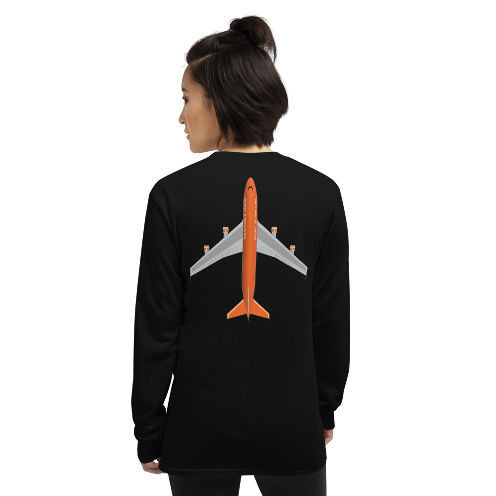 Long Sleeve Shirt by Gildan Men's Women's Braniff Boeing 747 Crew Logo and Jumbo Jet on Shirt Back