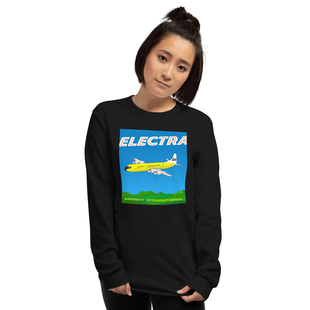 Long Sleeve Shirt by Gildan Men's Women's Braniff Lockheed L-188 Electra 1967 Solid Color Scheme